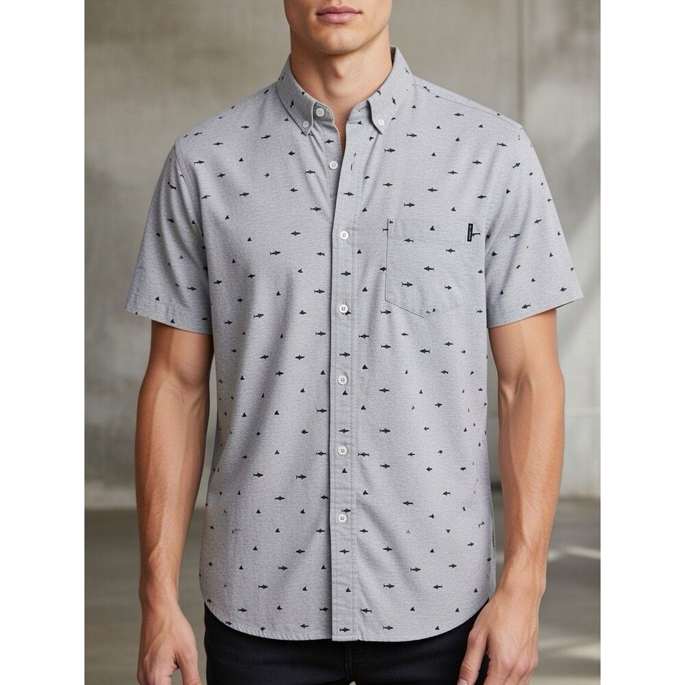 Molokai Surf Co Button Front Shirt Mens Medium Gray Shark Print Short Sleeve